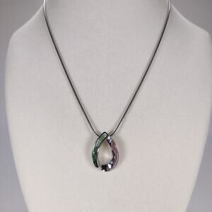 Vintage Lia Sophia Silver Tone Green Rhinestone Teardrop Pendant Necklace